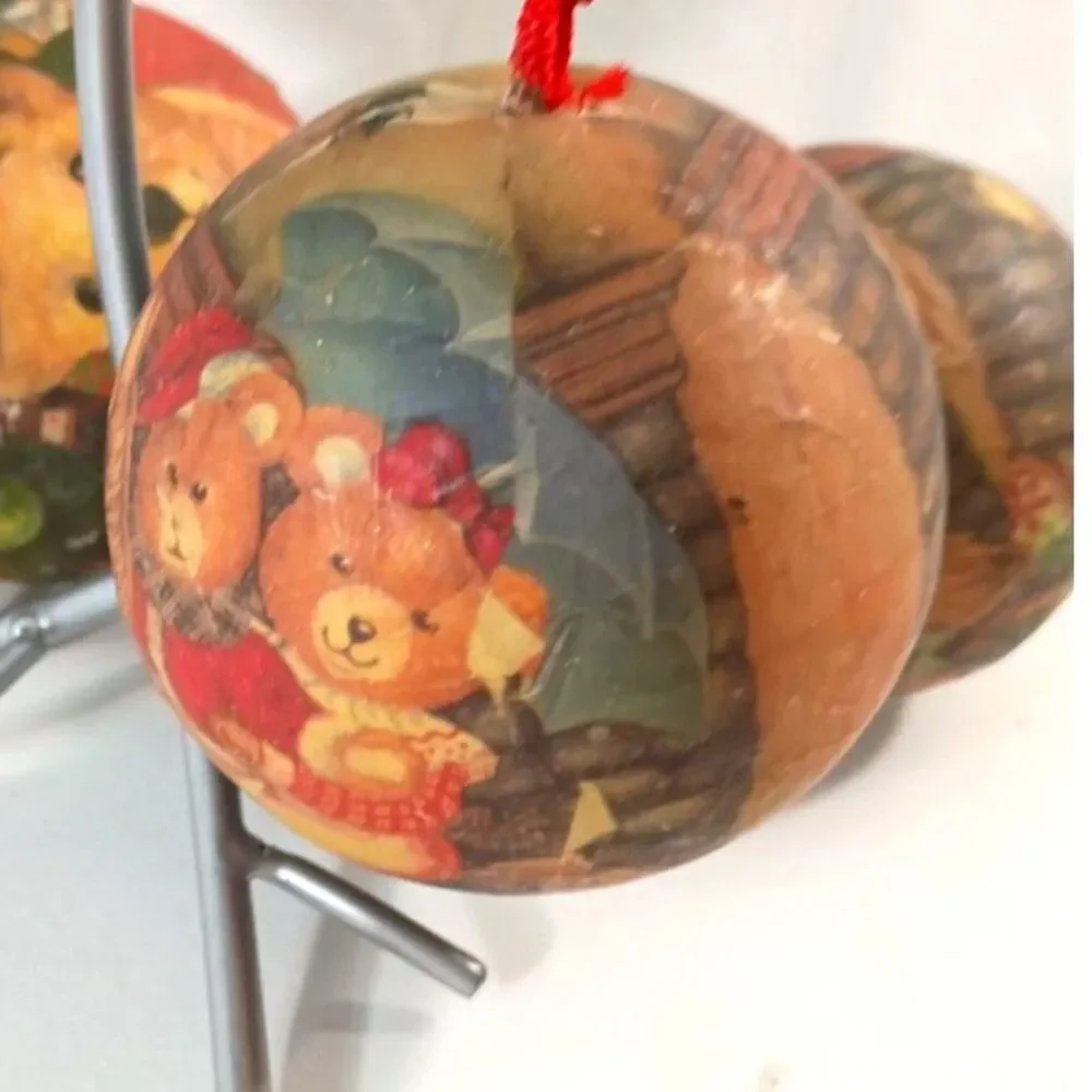 Vintage Plush Teddy Bear Christmas Ball Ornaments Set of 4